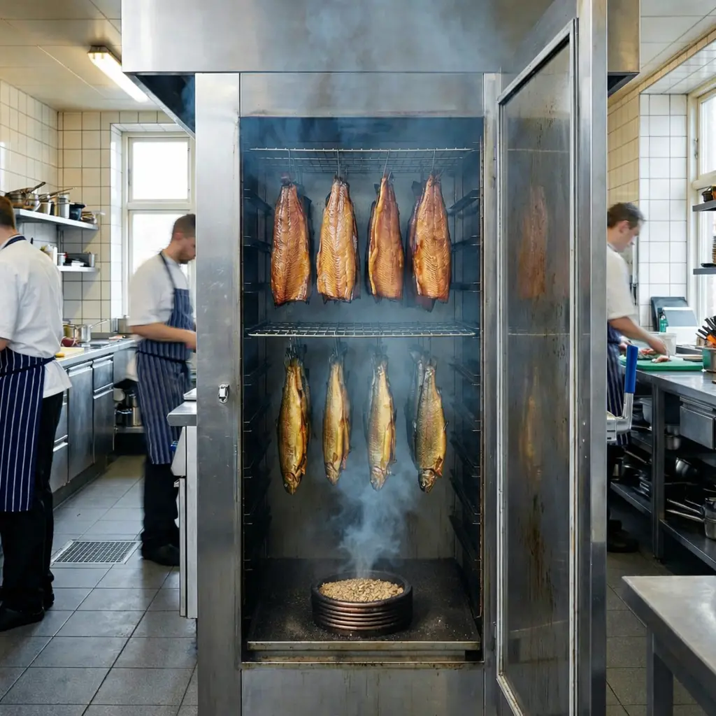 photographie d'un fumoir &agrave; froid en inox de type armoire, dans une cuisine profesionnelle.