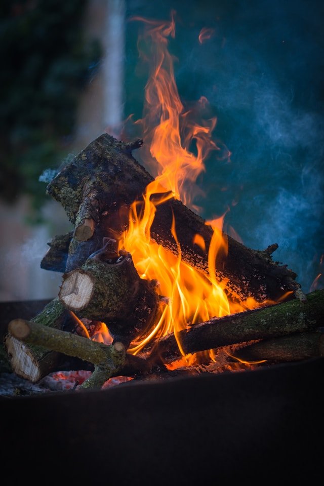 photo en gros plan d'un feu de bois au barbecue avec des flammes et des b&ucirc;ches en train de br&ucirc;ler