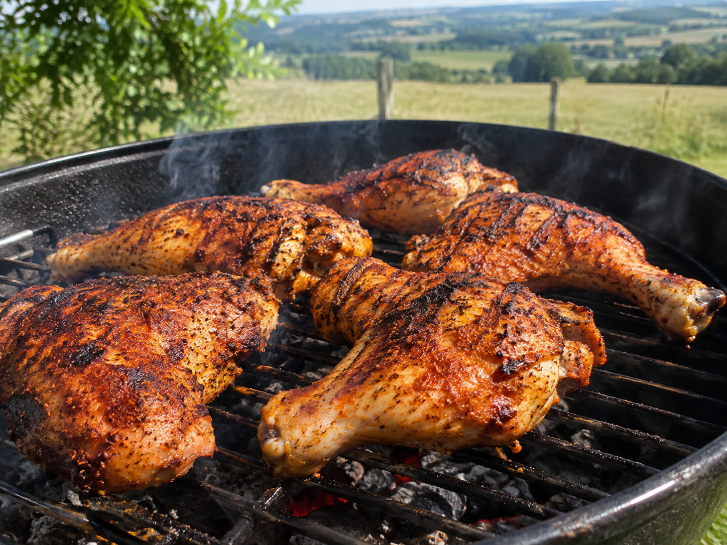 photo de cuisses de poulet marin&eacute;es en train de cuire sur une grille de barbecue